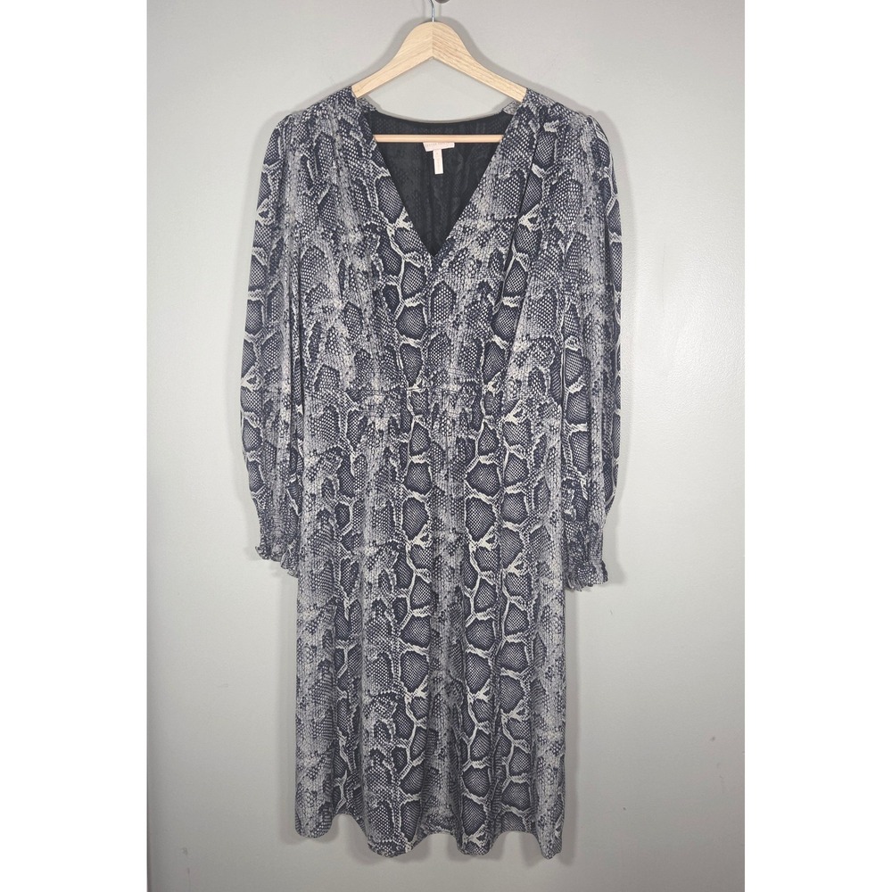 Rebecca Taylor Silk Snake Print Midi Dress Womens 8 Blue Gray Long Sleeve Lined